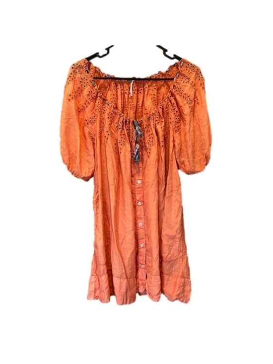 Free People Tops - Free People Peach/Orange Short Puff Sleeve Eyelet Button-Up Tunic Top Size XS